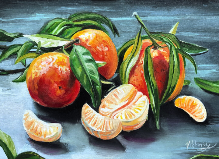 Malerei mit dem Titel "Fresh tangerines" von Viktoryia Lautsevich, Original-Kunstwerk, Öl