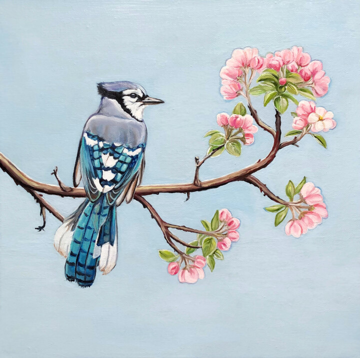 Pintura intitulada "Blue Jay in spring" por Viktoryia Lautsevich, Obras de arte originais, Óleo