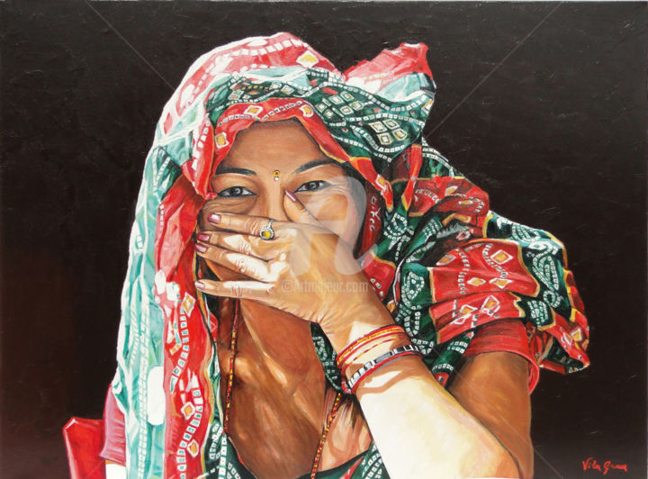 Malerei mit dem Titel "Sonrisa en Katmandú" von Vila Grau, Original-Kunstwerk, Öl
