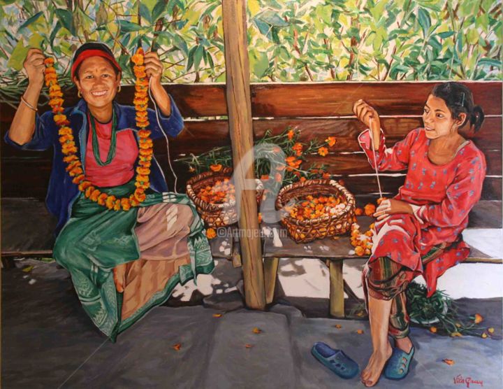 Pintura titulada "Mujeres del  Nepal" por Vila Grau, Obra de arte original, Oleo