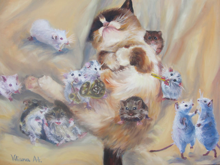 Painting titled "grumpy cat and play…" by Viliana At., Original Artwork, Oil