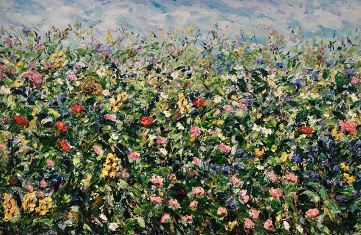 Painting titled "Large Flowers Field…" by Vilma Gataveckiene, Original Artwork, Oil