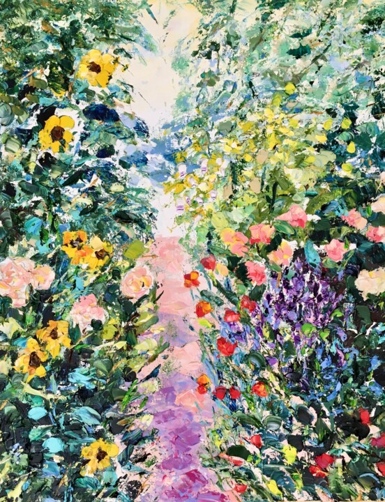 Painting titled "Blooming Garden Pat…" by Vilma Gataveckiene, Original Artwork, Oil
