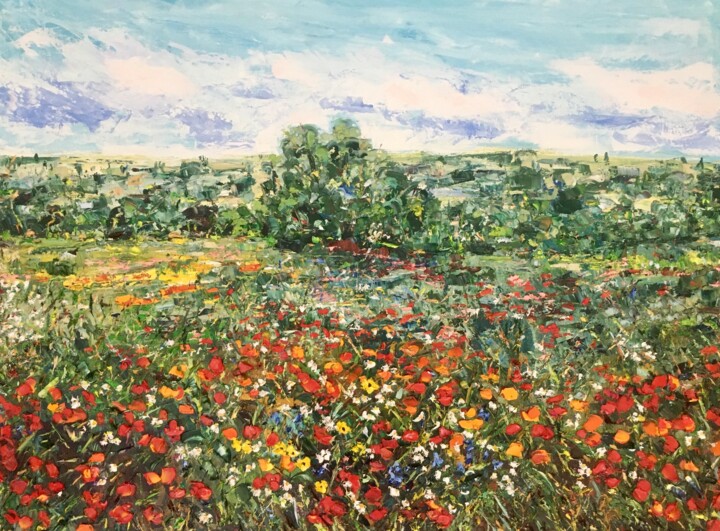 Painting titled "Red Poppies Field I…" by Vilma Gataveckiene, Original Artwork, Oil