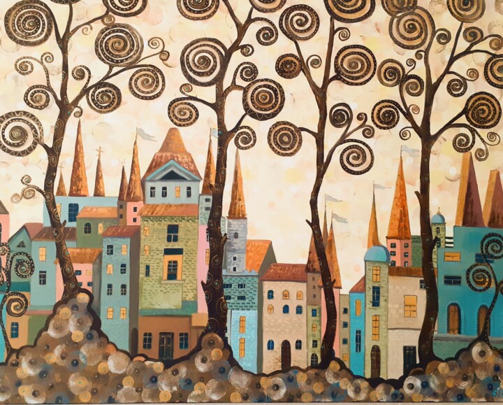 Malerei mit dem Titel "Color town" von Galina Shumilova, Original-Kunstwerk, Öl Auf Keilrahmen aus Holz montiert