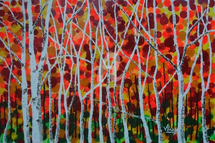 Painting titled "Birch forest in fall" by Vinay Babar, Original Artwork, Oil