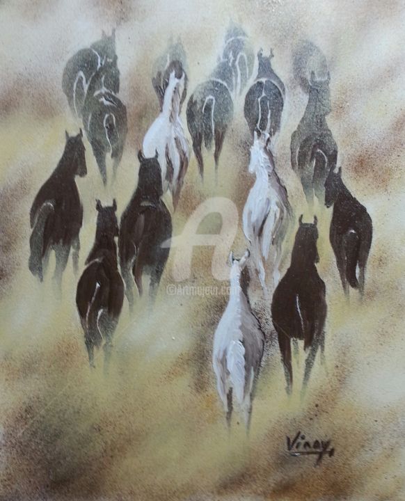 Malarstwo zatytułowany „horses-at-dusk.jpg” autorstwa Vinay Babar, Oryginalna praca, Olej
