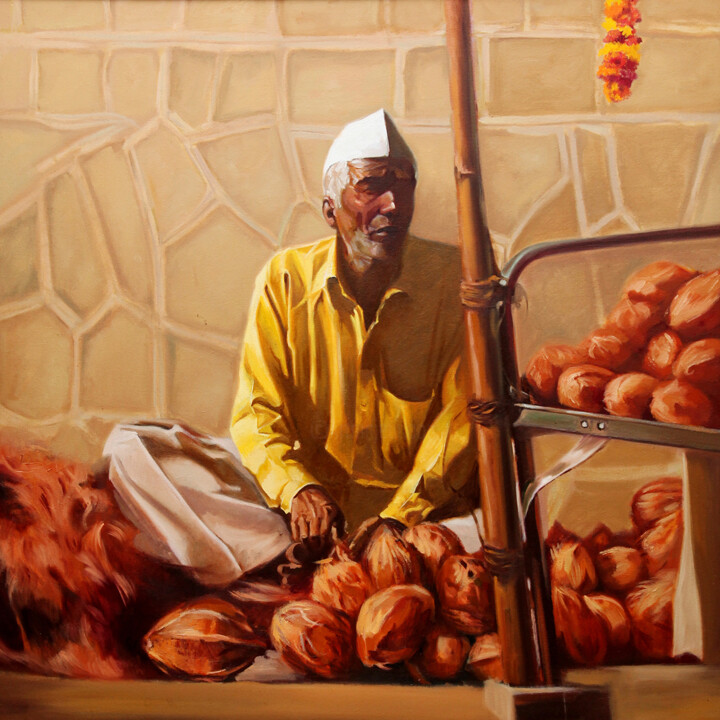 Painting titled "Coconut Seller" by Vinayak Takalkar, Original Artwork, Oil