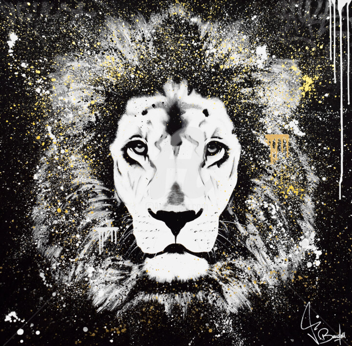 Painting titled "THE GOLDEN LION" by Vincent Bardou, Original Artwork, Acrylic