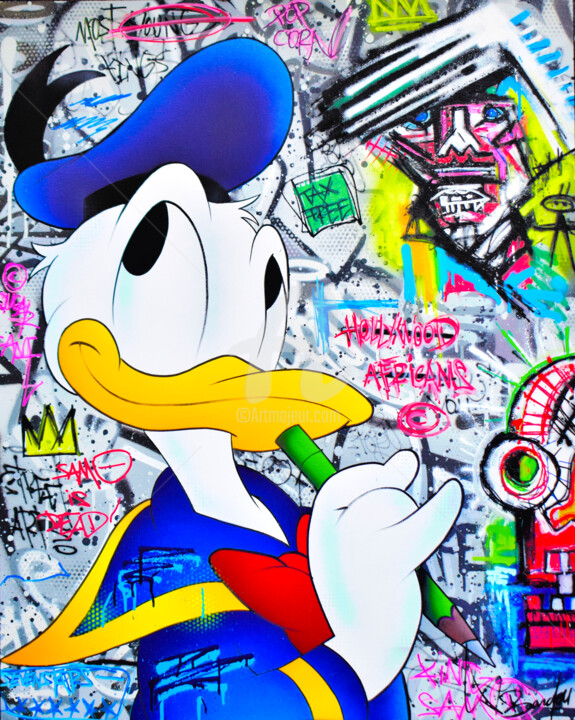 Painting titled "DONALD DUCK VS BASQ…" by Vincent Bardou, Original Artwork, Acrylic Mounted on Wood Stretcher frame