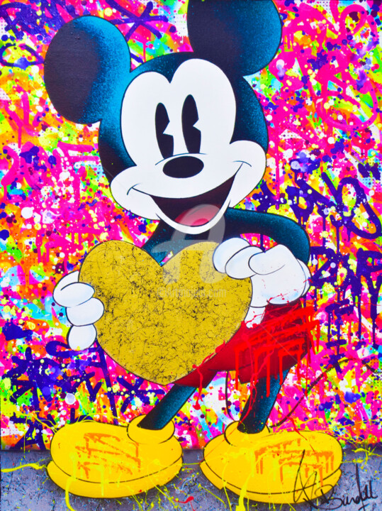 Malerei mit dem Titel "MICKEY HEART ART" von Vincent Bardou, Original-Kunstwerk, Sprühfarbe Auf Keilrahmen aus Holz montiert