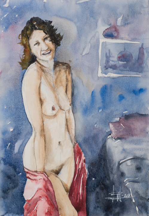 제목이 "Nu au peignoir rouge"인 미술작품 Vincent Bourdin로, 원작, 수채화