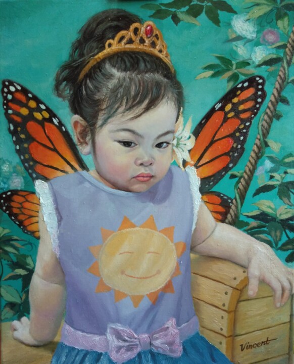 Painting titled "Winged Little Girl…" by Vincent Cases, Original Artwork, Oil