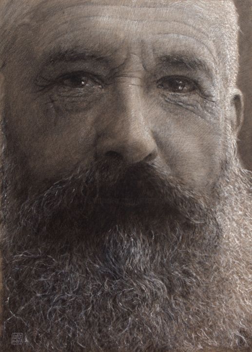 Drawing titled "Claude Monet" by Vincent Haller, Original Artwork, Charcoal Mounted on Cardboard