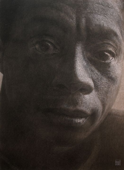 Drawing titled "James Baldwin" by Vincent Haller, Original Artwork, Charcoal Mounted on Cardboard