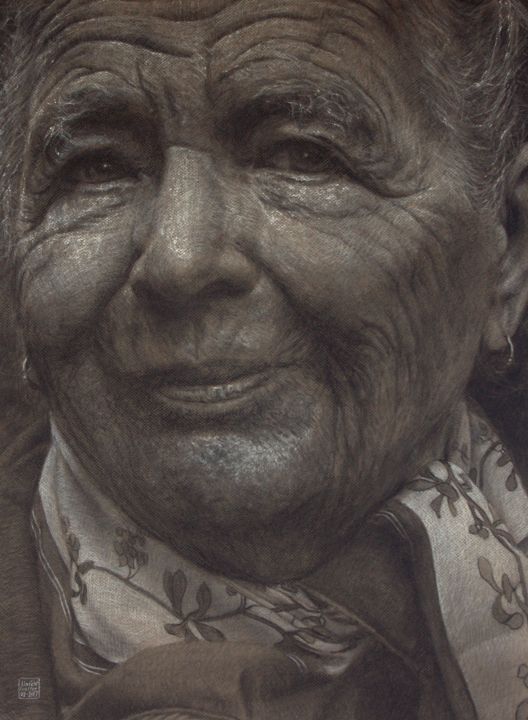 Drawing titled "Marguerite Yourcenar" by Vincent Haller, Original Artwork, Charcoal Mounted on Cardboard