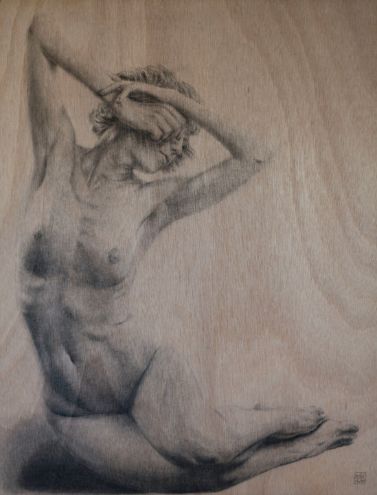 Drawing titled "Helene" by Vincent Haller, Original Artwork, Charcoal Mounted on Wood Panel