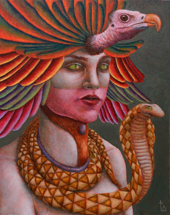 Painting titled "Quetzalcoatl" by Vincent Lacroix, Original Artwork, Oil Mounted on Cardboard