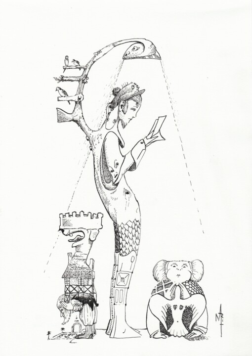 Drawing titled "Lecture." by Vincent Marit, Original Artwork, Ink