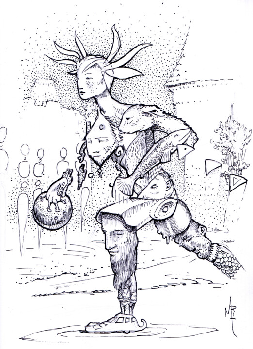 Dessin intitulée "Jeu de boules." par Vincent Marit, Œuvre d'art originale, Encre