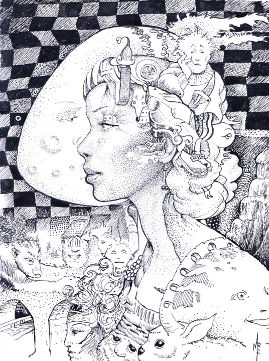 Drawing titled "Femme au chapeau." by Vincent Marit, Original Artwork, Ink