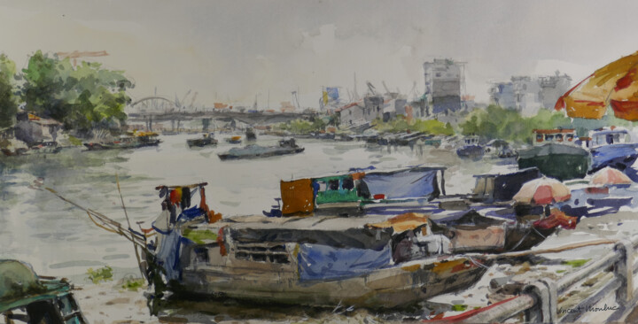 Schilderij getiteld "Saigon River - 01" door Vincent Monluc, Origineel Kunstwerk, Aquarel