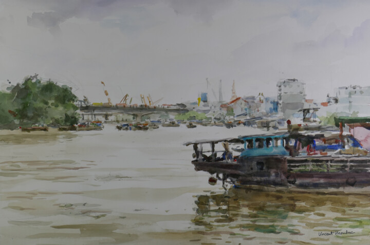 Painting titled "Saigon River - 02" by Vincent Monluc, Original Artwork, Watercolor