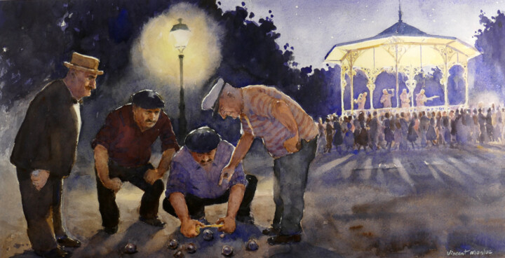 Peinture intitulée "Pétanque 02. La mes…" par Vincent Monluc, Œuvre d'art originale, Aquarelle