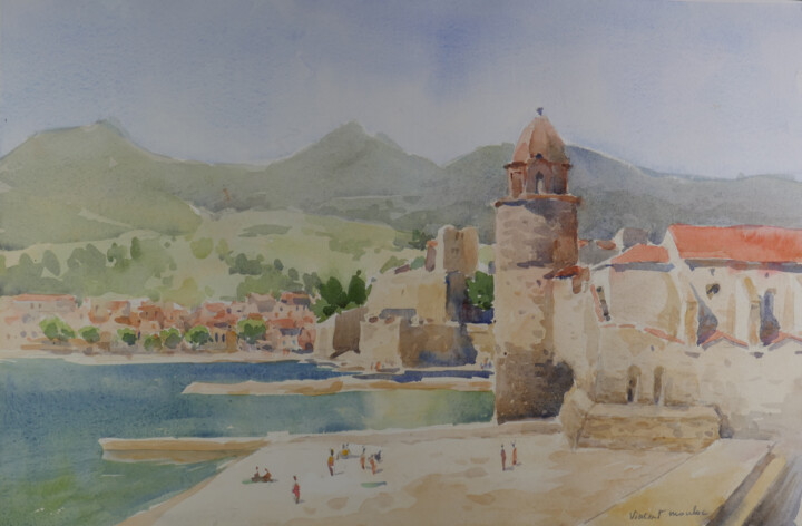 Peinture intitulée "Eglise de Collioure…" par Vincent Monluc, Œuvre d'art originale, Aquarelle