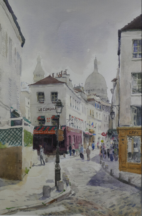 Peinture intitulée "Montmartre Paris" par Vincent Monluc, Œuvre d'art originale, Aquarelle