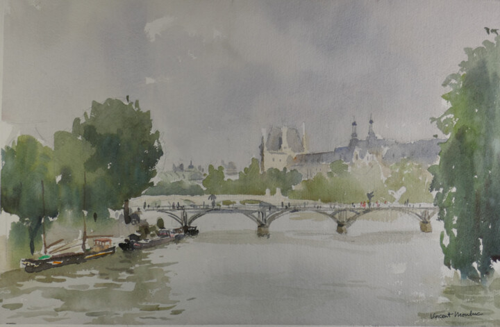 Pintura titulada "Paris Pont Des Arts…" por Vincent Monluc, Obra de arte original, Acuarela