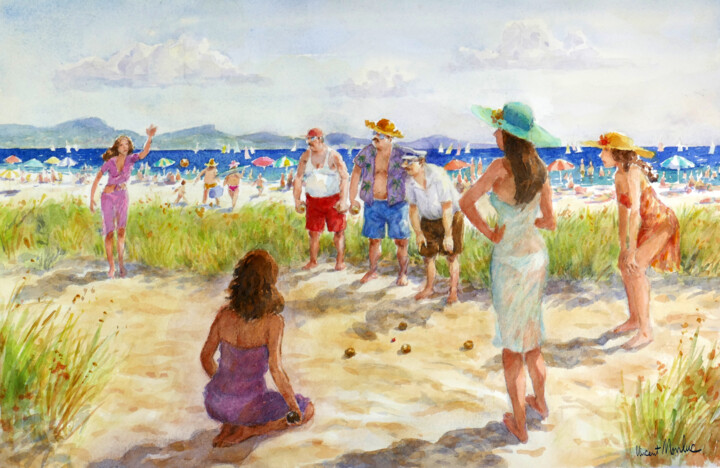 Peinture intitulée "Pétanque-24." par Vincent Monluc, Œuvre d'art originale, Aquarelle