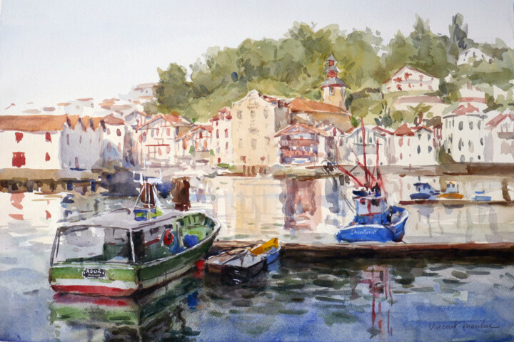 Painting titled "Quai Ravel Ciboure_…" by Vincent Monluc, Original Artwork, Watercolor