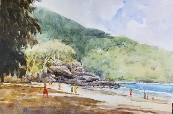 Peinture intitulée "Une plage de Poulo…" par Vincent Monluc, Œuvre d'art originale, Aquarelle