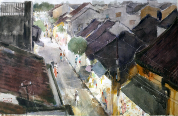 Painting titled "Rue de Hoi An By Ni…" by Vincent Monluc, Original Artwork, Watercolor