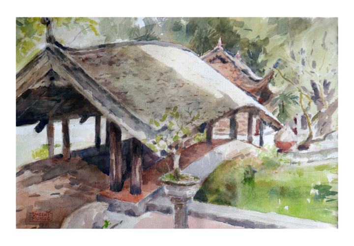 Painting titled "Pagode Thay Nord Vi…" by Vincent Monluc, Original Artwork, Watercolor