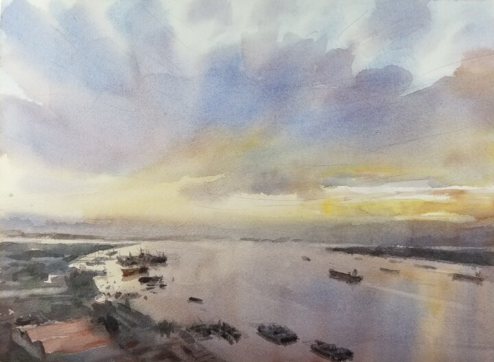 Malerei mit dem Titel "Saigon River #10" von Vincent Monluc, Original-Kunstwerk, Aquarell