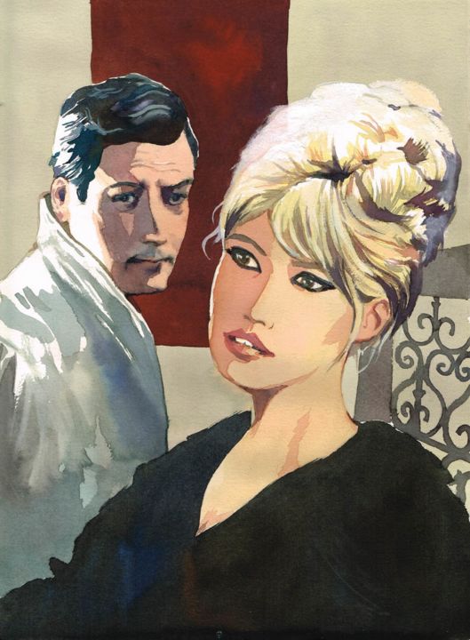 Drawing titled "Bardot et Mastroian…" by Vincent Pompetti, Original Art, Ink