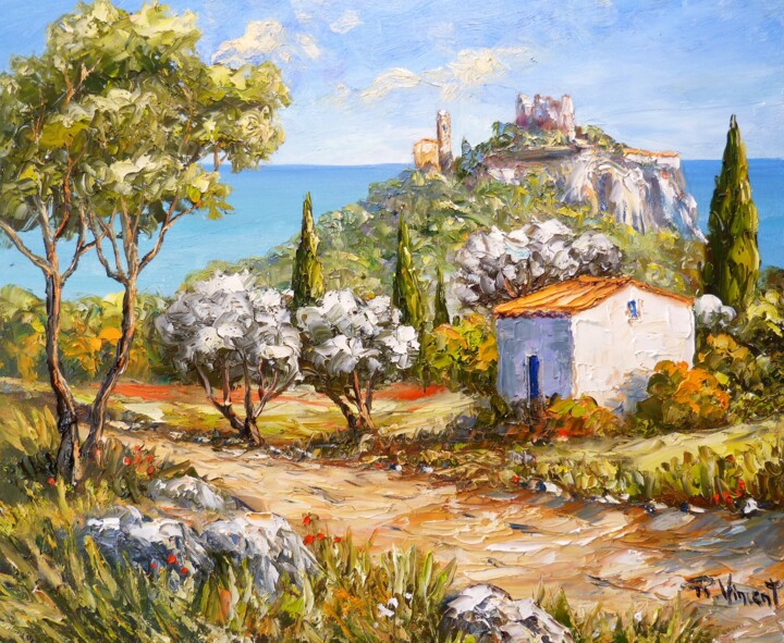 Malerei mit dem Titel "Le village d'Eze" von Vincent Rallo, Original-Kunstwerk, Öl