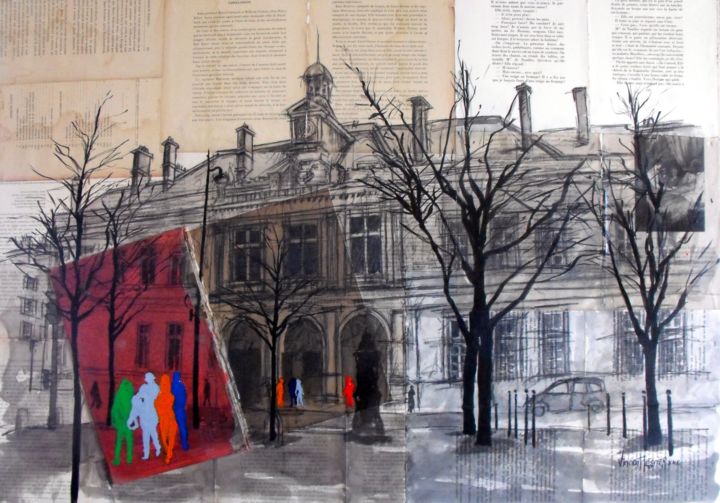 Malerei mit dem Titel "La mairie du 6em à…" von Vincent Tessier Xxc, Original-Kunstwerk, Tinte Auf Keilrahmen aus Holz monti…