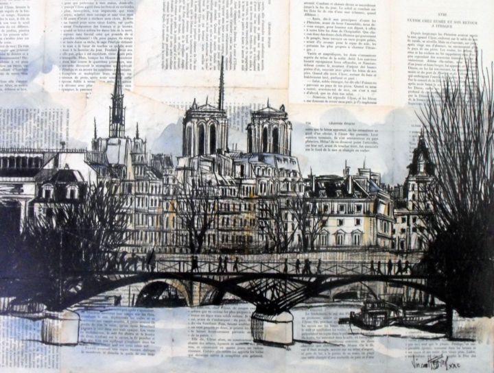 Peinture intitulée "pont des arts" par Vincent Tessier Xxc, Œuvre d'art originale, Encre Monté sur Panneau de bois