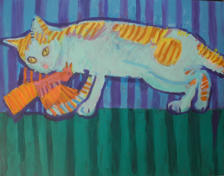 Schilderij getiteld "le reve du chat" door Vincent Villars, Origineel Kunstwerk, Olie