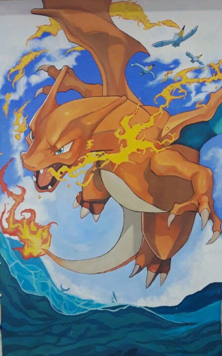 Malerei mit dem Titel "CHARIZARD Umi,-Fū,…" von Vincent Volaju, Original-Kunstwerk, Acryl