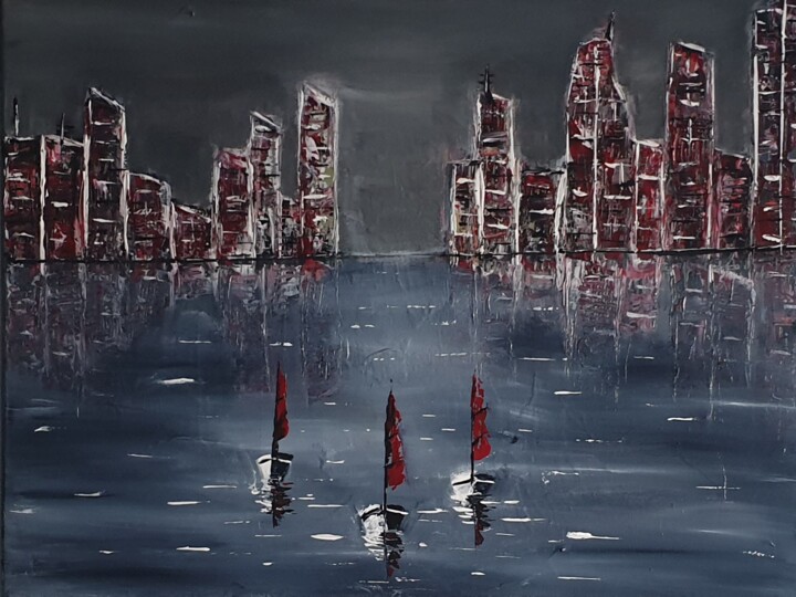 Pittura intitolato "City on the edge" da Vincent Kponton, Opera d'arte originale, Acrilico