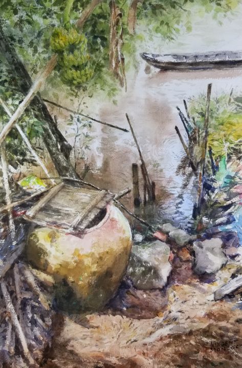 Peinture intitulée "Jarre d'eau au bord…" par Vincent Monluc, Œuvre d'art originale, Aquarelle