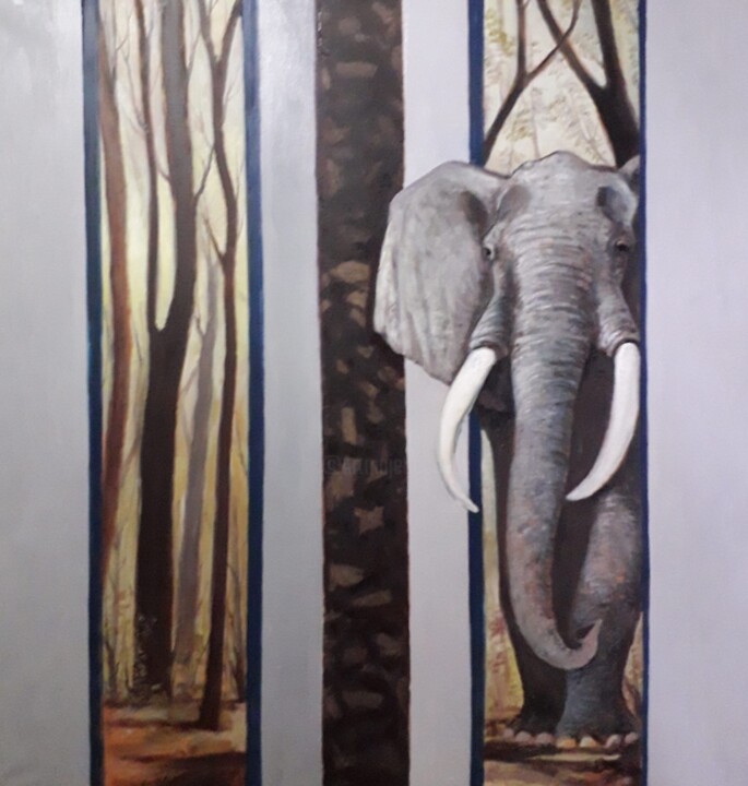Painting titled "Elefante" by Vincenzo (Enzo) Forletta, Original Artwork, Oil Mounted on Wood Stretcher frame