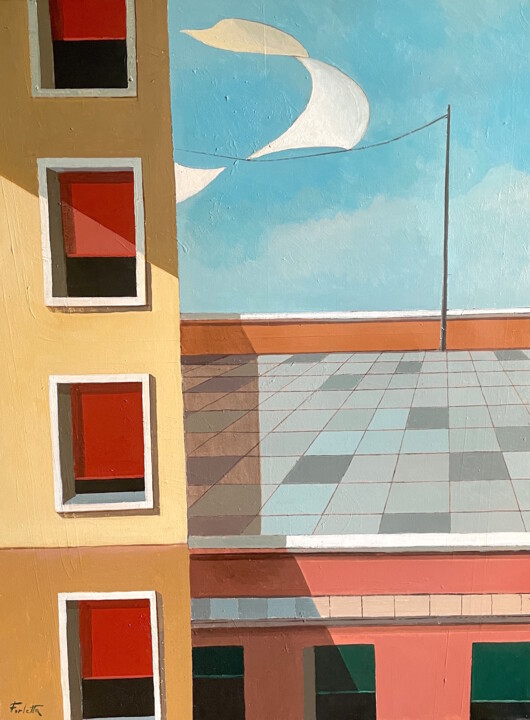 Painting titled "Il quartiere 2" by Vincenzo (Enzo) Forletta, Original Artwork, Oil Mounted on Wood Stretcher frame