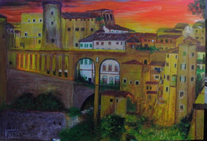 Pittura intitolato "Borgo Medievale Etr…" da Vincenzo Neri, Opera d'arte originale, Acrilico