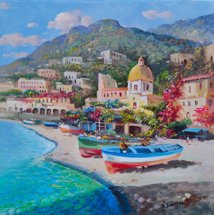 Painting titled "Positano beach - Am…" by Vincenzo Somma, Original Artwork, Oil