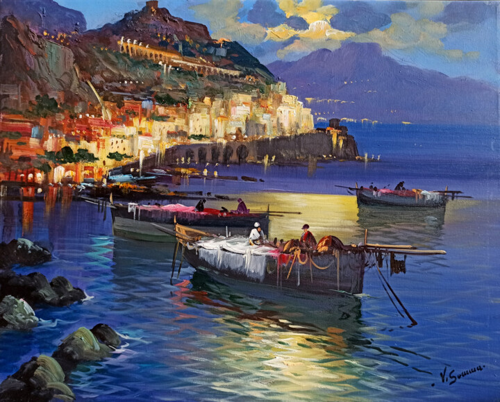 Night Fishing In Amalfi - Italy Painting, Painting by Vincenzo Somma